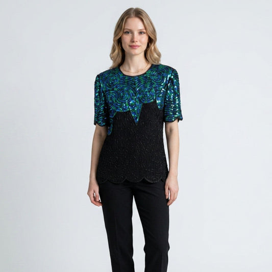 Lynn's Closet Boutique vintage 80s black silk top with iridescent blue and green sequin patterns and scalloped hem