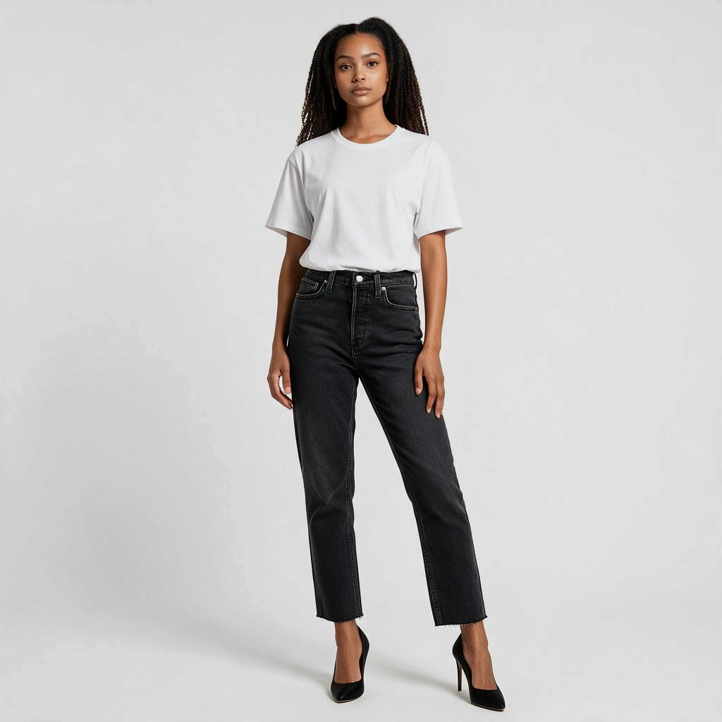 Model wearing Lynn's Closet Boutique Re/Done 70's Stove Pipe jeans in washed black with a white t-shirt and heels