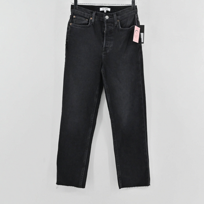 Lynn's Closet Boutique Re/Done 70's Stove Pipe jeans in washed black denim with a high-rise and raw cropped hem.