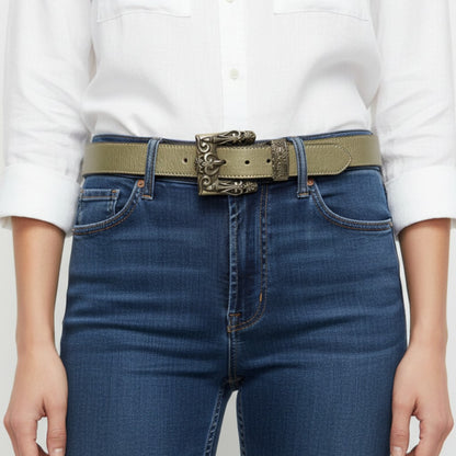 Lynn's Closet Boutique Western Tan Leather Belt Size L with ornate antique-finish buckle