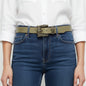 Lynn's Closet Boutique Western Tan Leather Belt Size L with ornate antique-finish buckle