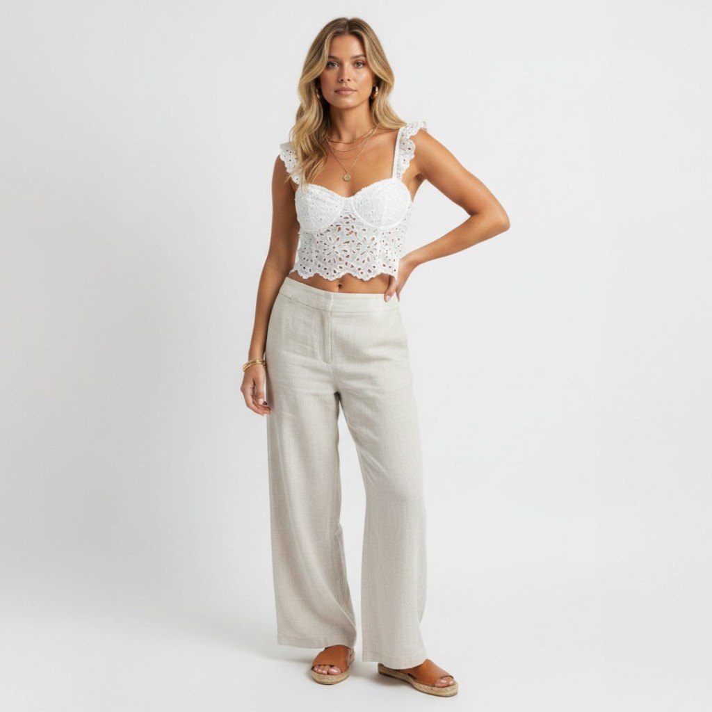 Lynn's Closet Boutique Anthropologie white eyelet cropped corset top with ruffled straps worn with linen trousers