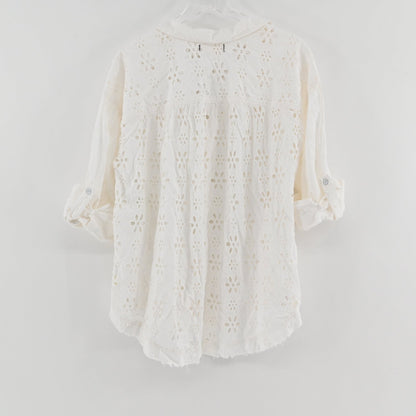 Lynn's Closet Boutique white Free People Mae eyelet button-down shirt with long sleeves and relaxed fit, back view