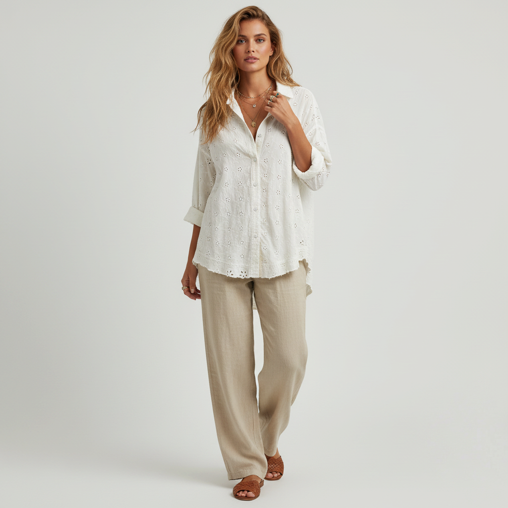 Lynn's Closet Boutique Free People white eyelet button-down shirt worn by a model with beige linen trousers