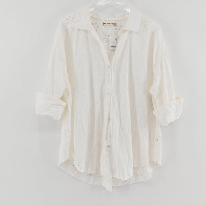 Lynn's Closet Boutique white Free People Mae eyelet button-down shirt with long sleeves and relaxed fit