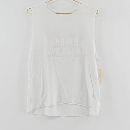 Lynn's Closet Boutique white Zadig & Voltaire graphic tank top with raw-edge hem and cowboy text print