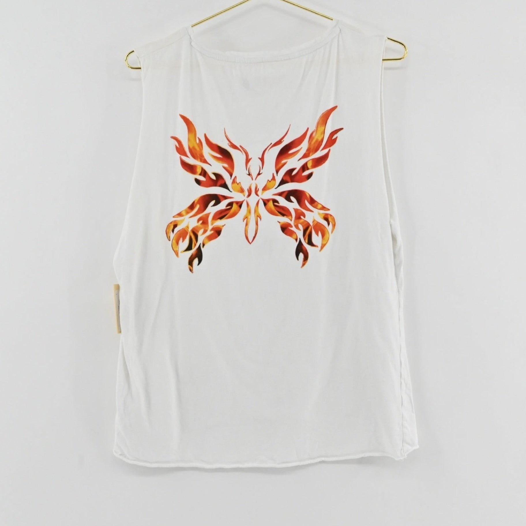 Lynn's Closet Boutique white Zadig & Voltaire tank top featuring a vibrant flame-inspired butterfly back graphic.