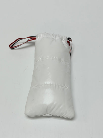 Lynn's Closet Boutique white quilted nylon protective pouch for Moncler sunglasses with red, white, and blue trim.