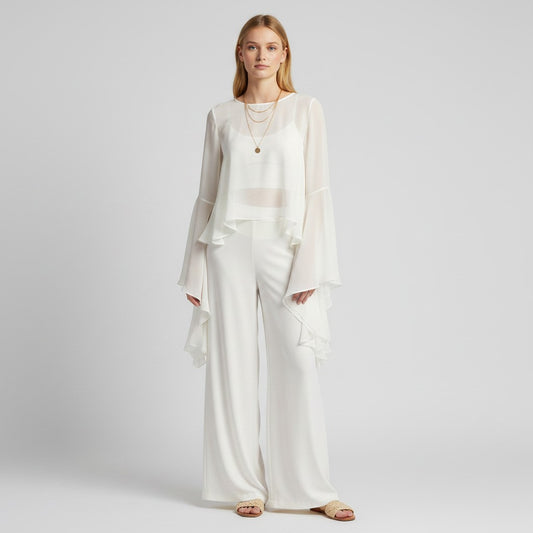 Lynn's Closet Boutique white silk wide-leg pants and sheer ruffled long-sleeve top set, size M.