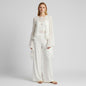 Lynn's Closet Boutique white silk wide-leg pants and sheer ruffled long-sleeve top set, size M.