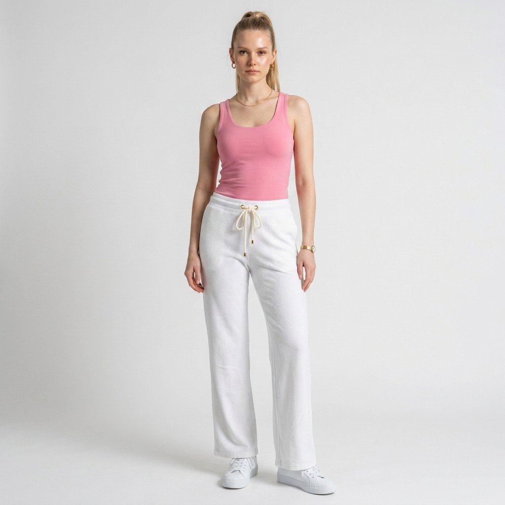 Model wearing Lynn's Closet Boutique white textured wide-leg pants with a drawstring waist and gold-tone hardware.
