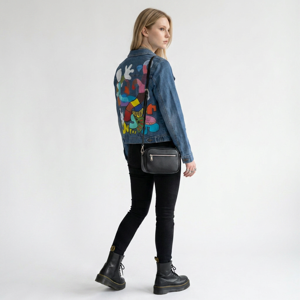 Lynn's Closet Boutique vintage Wrangler blue denim jacket with colorful hand-painted abstract art on the back