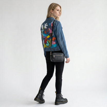 Lynn's Closet Boutique vintage Wrangler blue denim jacket with colorful hand-painted abstract art on the back