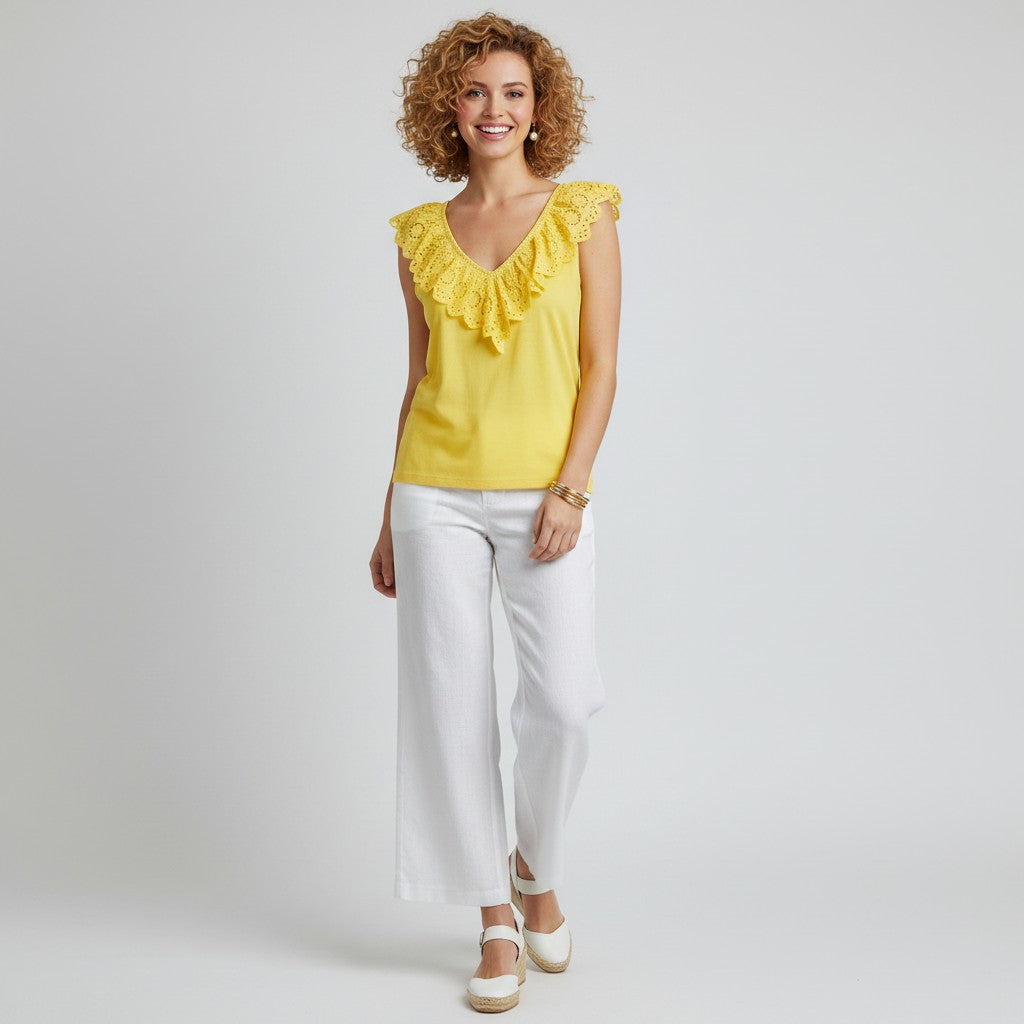 Lynn's Closet Boutique bright yellow sleeveless cotton top with eyelet lace trim on V-neck and shoulders, size L.