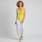 Lynn's Closet Boutique bright yellow sleeveless cotton top with eyelet lace trim on V-neck and shoulders, size L.