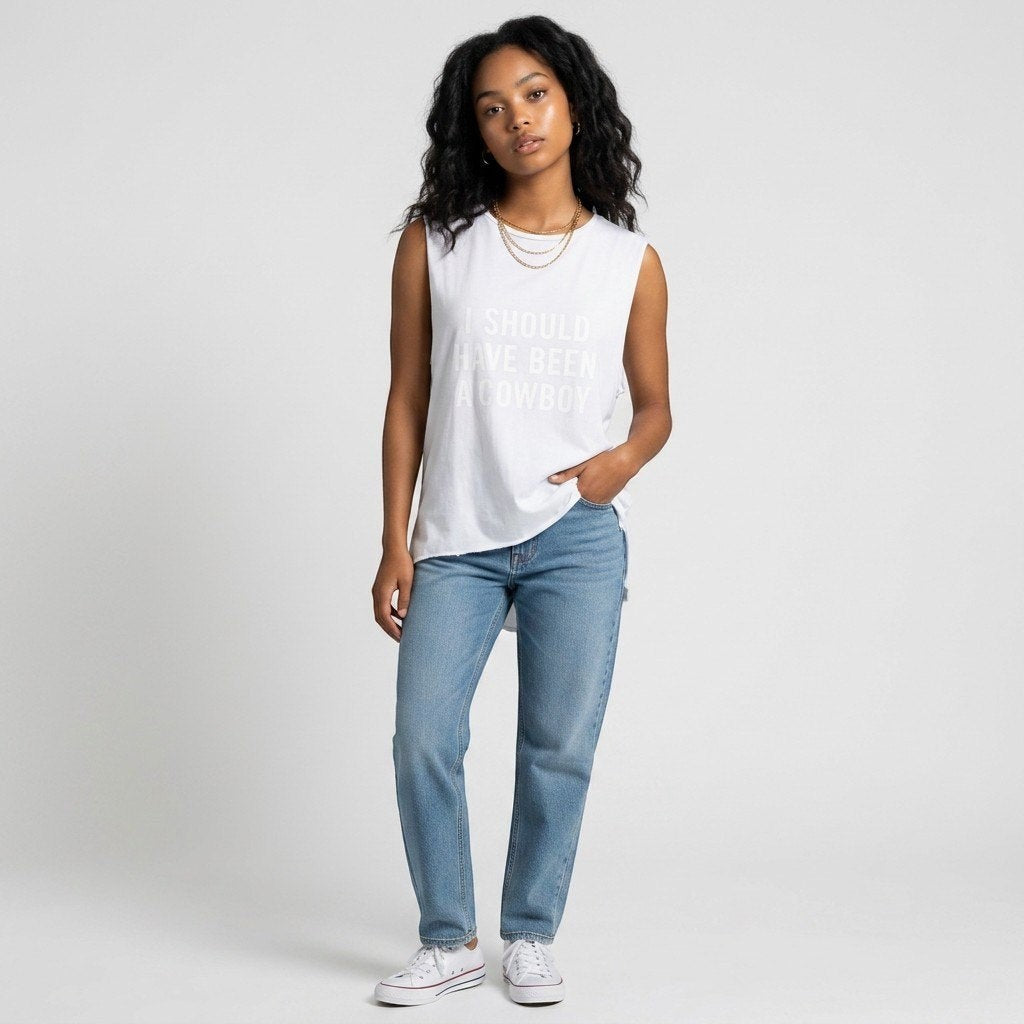 Lynn's Closet Boutique Zadig & Voltaire white graphic tank top with cowboy text worn by a model with blue jeans