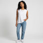 Lynn's Closet Boutique Zadig & Voltaire white graphic tank top with cowboy text worn by a model with blue jeans