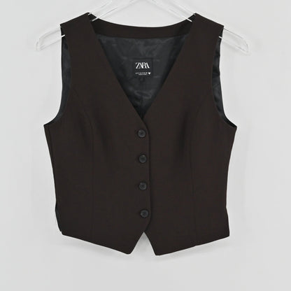 Lynn's Closet Boutique Zara brown tailored vest with a V-neckline and button-front closure on a clear hanger.
