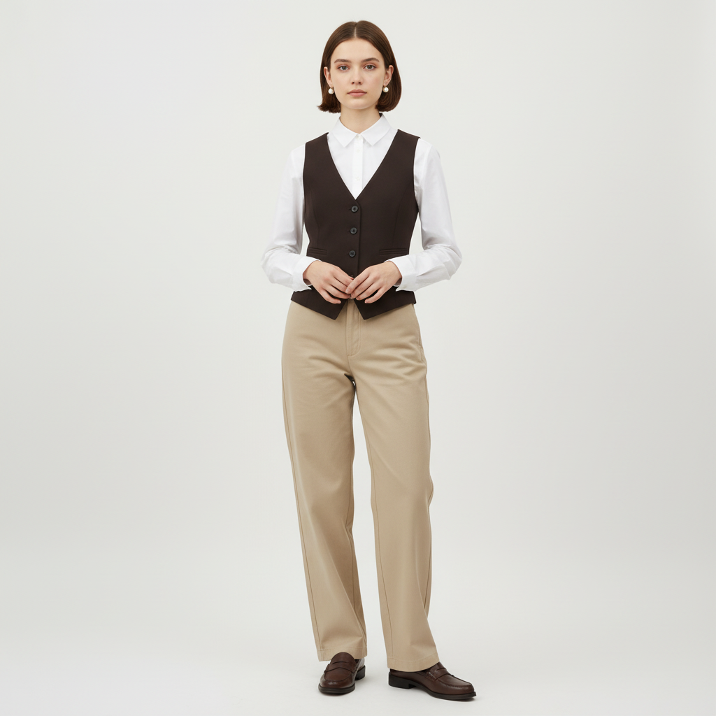 Lynn's Closet Boutique Zara brown button-front vest worn by a model over a white shirt and beige trousers