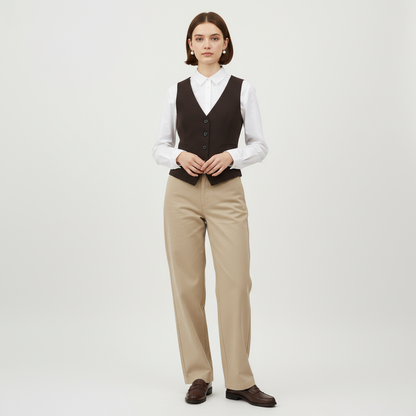 Lynn's Closet Boutique Zara brown button-front vest worn by a model over a white shirt and beige trousers