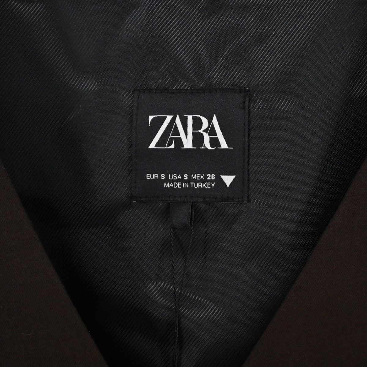 Lynn's Closet Boutique Zara brown vest interior label showing size S and origin in Turkey