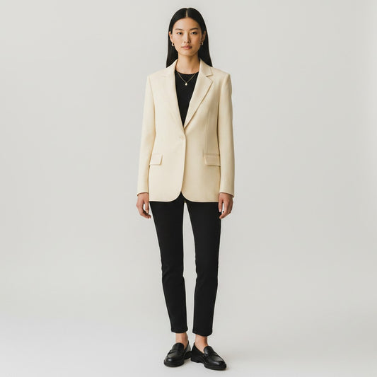 Model wearing a Zara light yellow tailored blazer from Lynn's Closet Boutique with black trousers and loafers.