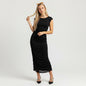 Model wearing a black Bar III ruched maxi dress from Lynn's Closet Boutique, featuring a form-fitting silhouette.