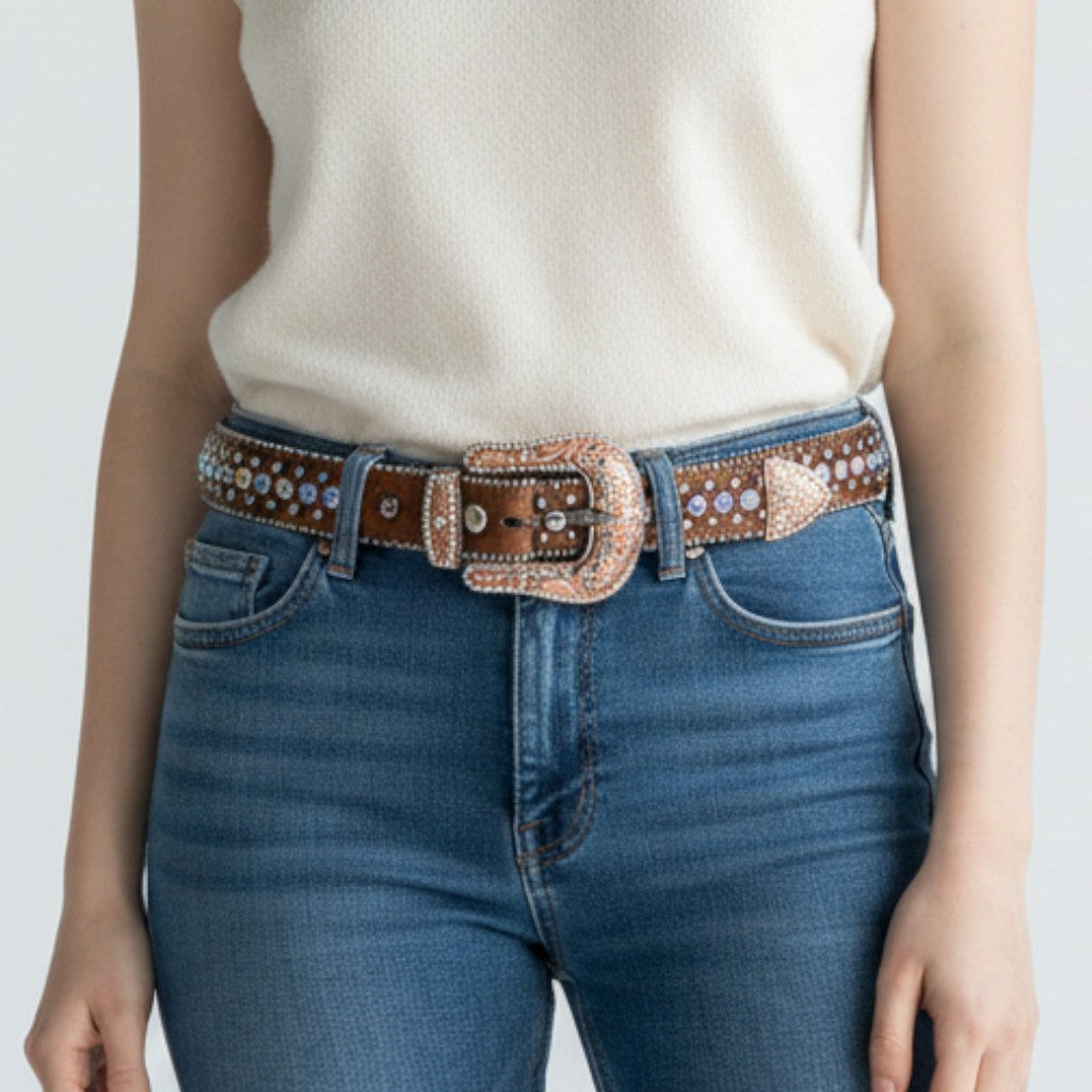 Lynn's Closet Boutique B.B. Simon brown leather belt with Swarovski crystals and rose gold buckle, size M.