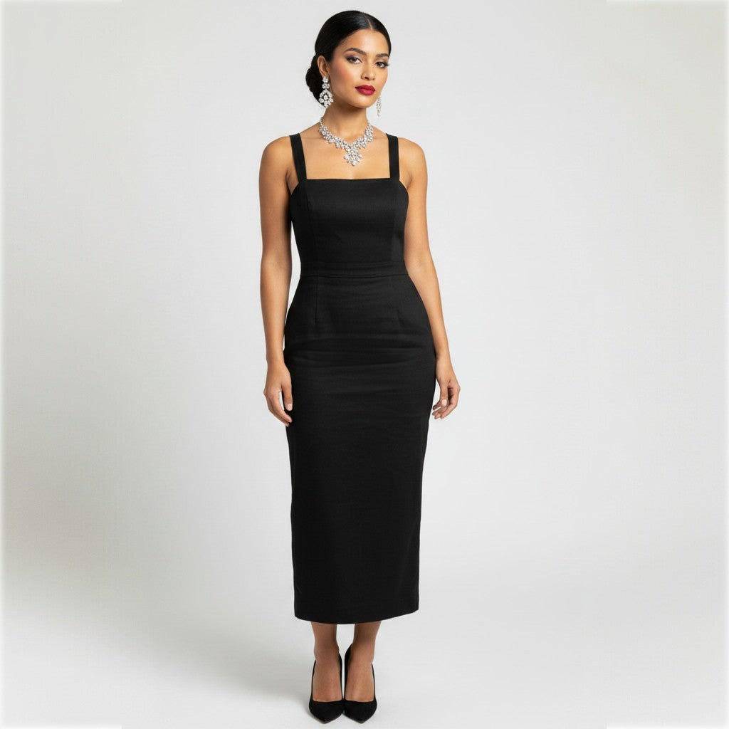 Model wearing a Lynn's Closet Boutique black bodycon midi dress with a square neckline and wide straps.