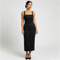 Model wearing a Lynn's Closet Boutique black bodycon midi dress with a square neckline and wide straps.