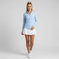 Lynn's Closet Boutique blue and white striped long sleeve cotton top with half-zip collar and silver zipper pull.