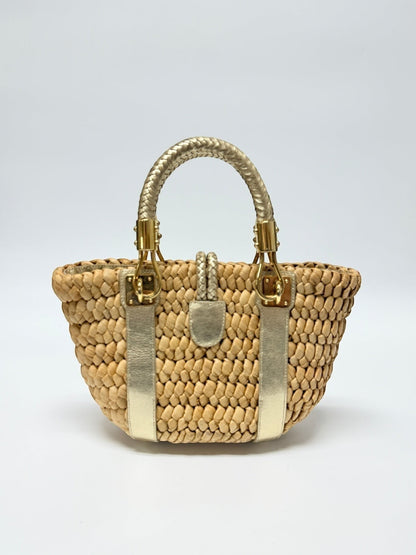Lynn's Closet Boutique Michael Kors raffia tote with metallic gold leather braided handles and gold-tone hardware.