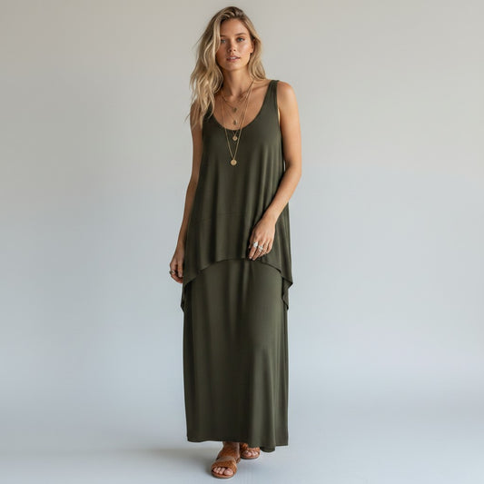 Lynn's Closet Boutique olive green sleeveless maxi dress with layered overlay, size L.