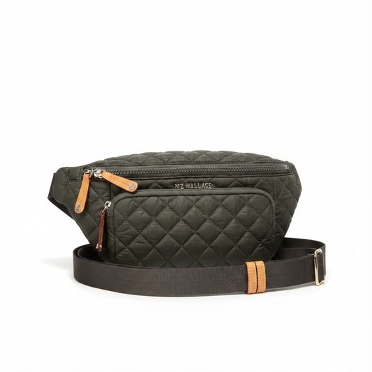 Lynn's Closet Boutique MZ Wallace olive green quilted nylon belt bag with tan leather accents and gold hardware.