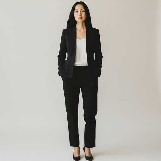 Lynn's Closet Boutique black Interstellar blazer, size M, with a notched collar and two front pockets.