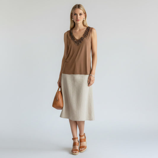Lynn's Closet Boutique brown Lafayette 148 sleeveless V-neck tank top with beaded embellishments on neckline, size XL.