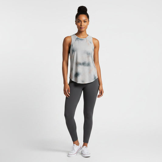 Lynn's Closet Boutique grey Lululemon Sculpt Tank with abstract dark green and coral splatter print. Mesh neckline and back panel.