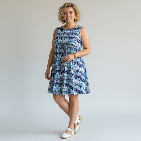Lynn's Closet Boutique navy blue sleeveless swing dress with a sailboat print in pink and light blue, size XXL.