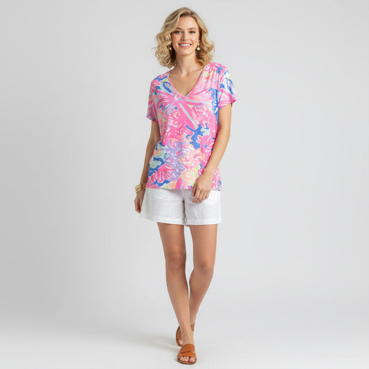 Lynn's Closet Boutique pink, blue, and purple floral print V-neck tee shirt, size L. Short sleeves, soft jersey fabric.