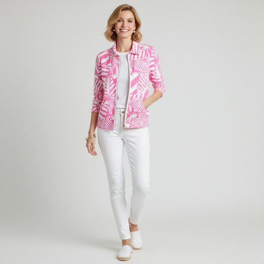 Lynn's Closet Boutique pink and white sail print zip-front jacket with collar and pockets, size M.