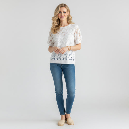 Lynn's Closet Boutique white Lilly Pulitzer crochet lace top with leaf pattern, short sleeves, and crew neck. Size M.
