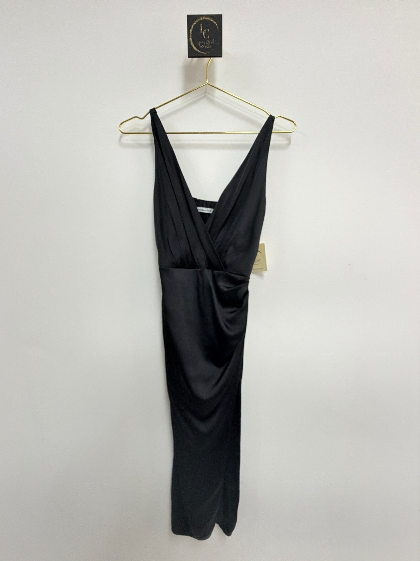 Lynn's Closet Boutique Abercrombie & Fitch black satin maxi dress with V-neck, wrap bodice, and side ruching.