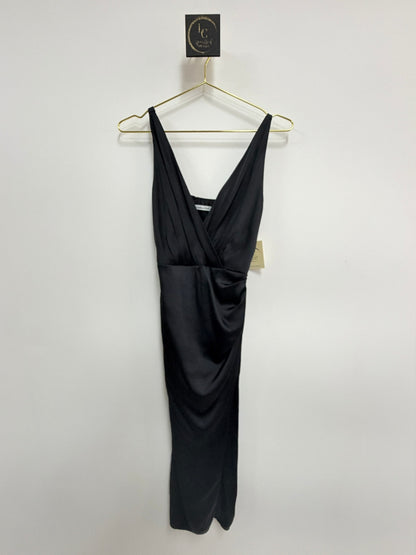 Lynn's Closet Boutique Abercrombie & Fitch black satin maxi dress with V-neck, wrap bodice, and side ruching.