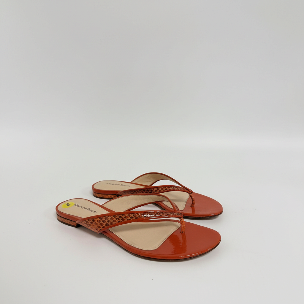 Lynn's Closet Boutique Alexandre Birman orange flat thong sandals with snakeskin-embossed straps and glossy finish