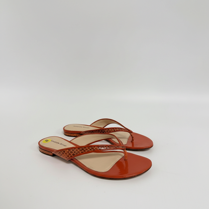 Lynn's Closet Boutique Alexandre Birman orange flat thong sandals with snakeskin-embossed straps and glossy finish
