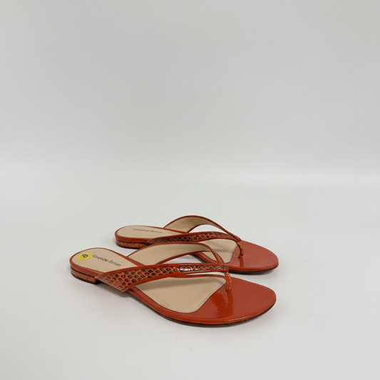 Lynn's Closet Boutique Alexandre Birman orange flat thong sandals with snakeskin-embossed straps and glossy finish