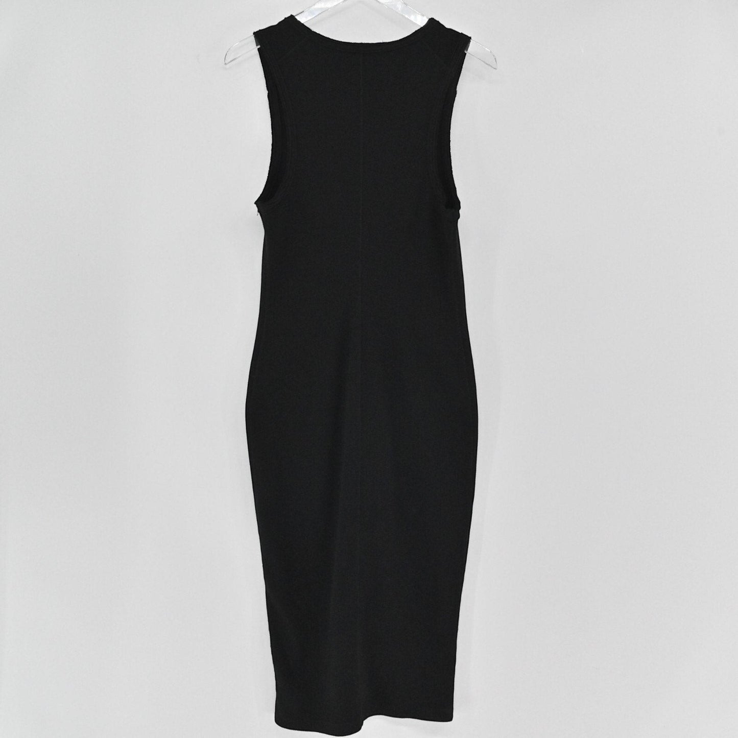 Lynn's Closet Boutique AllSaints Alicia black sleeveless ribbed knit midi dress hanging on a hanger