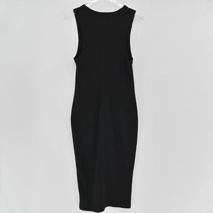 Lynn's Closet Boutique AllSaints Alicia black sleeveless ribbed knit midi dress hanging on a hanger