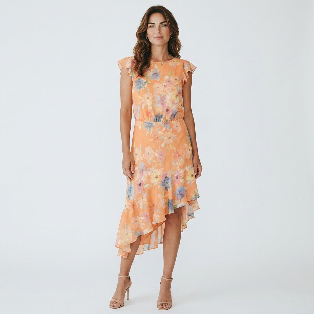 Lynn's Closet Boutique Amanda Uprichard peach floral midi dress with flutter sleeves and asymmetrical high-low hem