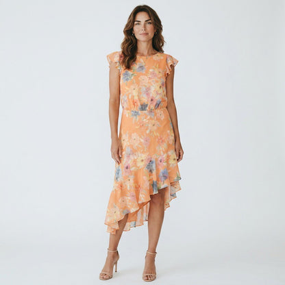 Lynn's Closet Boutique Amanda Uprichard peach floral midi dress with flutter sleeves and asymmetrical high-low hem